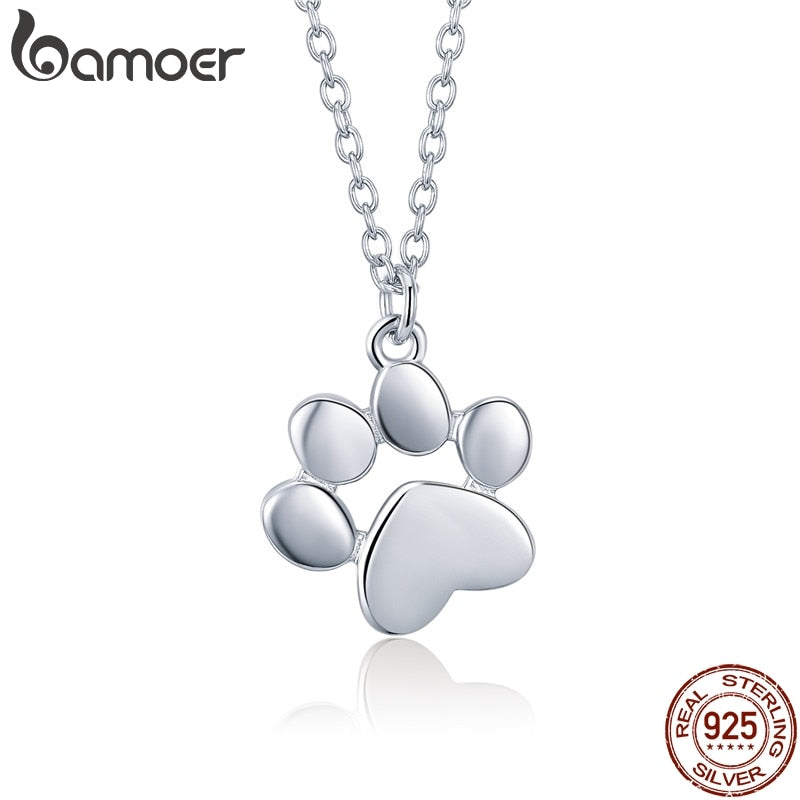 BAMOER Sterling Silver Cute Animal Dog Cat Footprints Paw Necklaces Pendants Women Silver Jewelry