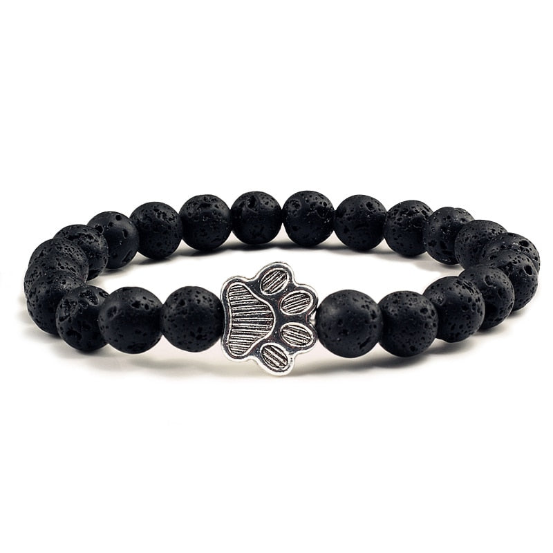 Natural Matte Black Lava Volcanic Stone Paw Print Charm Bracelet Homme Femme Pet Memorial Cat Dog Lovers Jewelry Bracelets Gifts